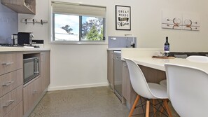 Fridge, microwave, dishwasher, coffee/tea maker