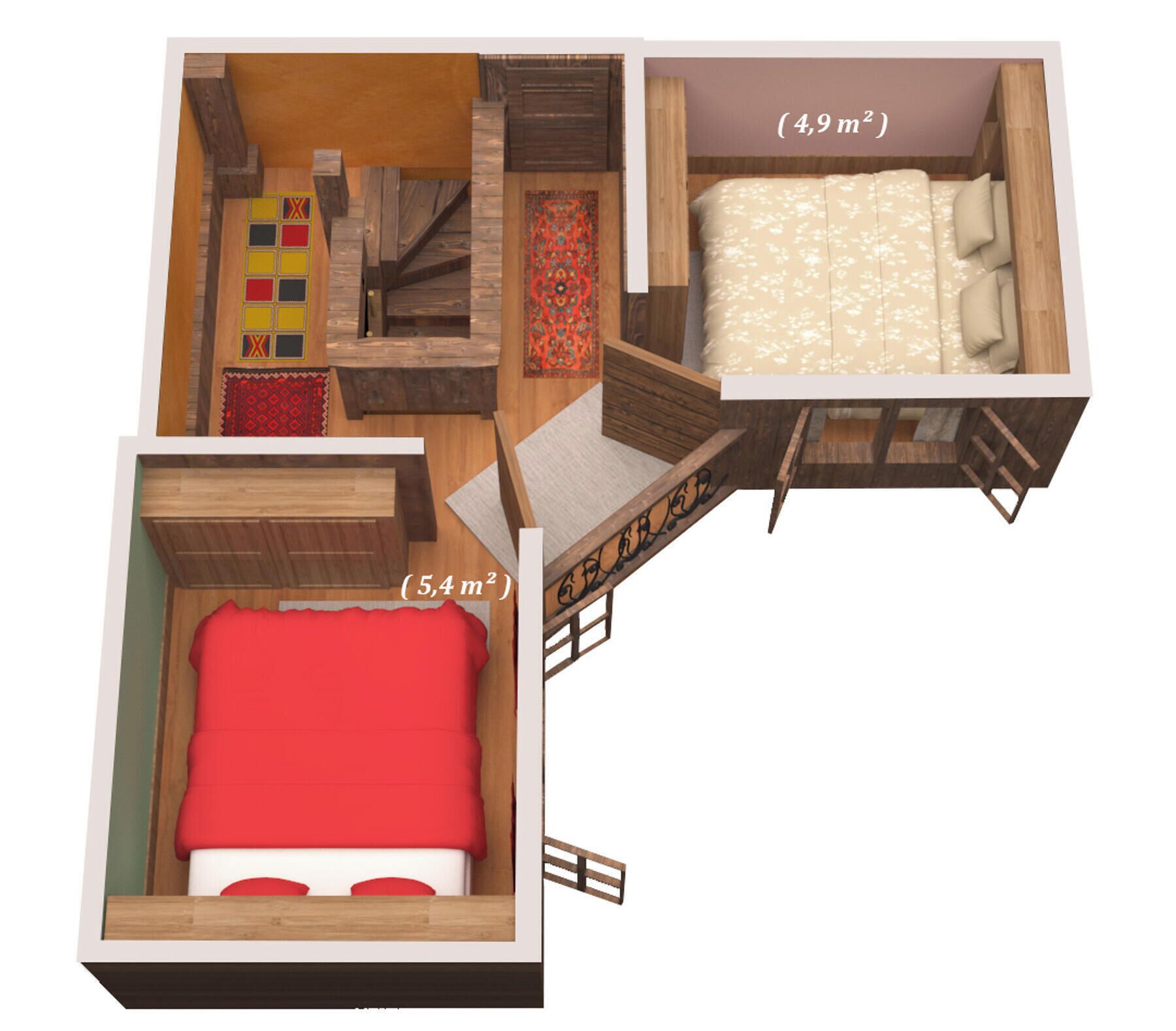 Ein 3D-Grundriss eines Hotelzimmers mit Bett, kleinem Schreibtisch, Kleiderschrank und Badezimmer. Das Zimmer hat eine Gesamtfläche von 54 Quadratmetern.