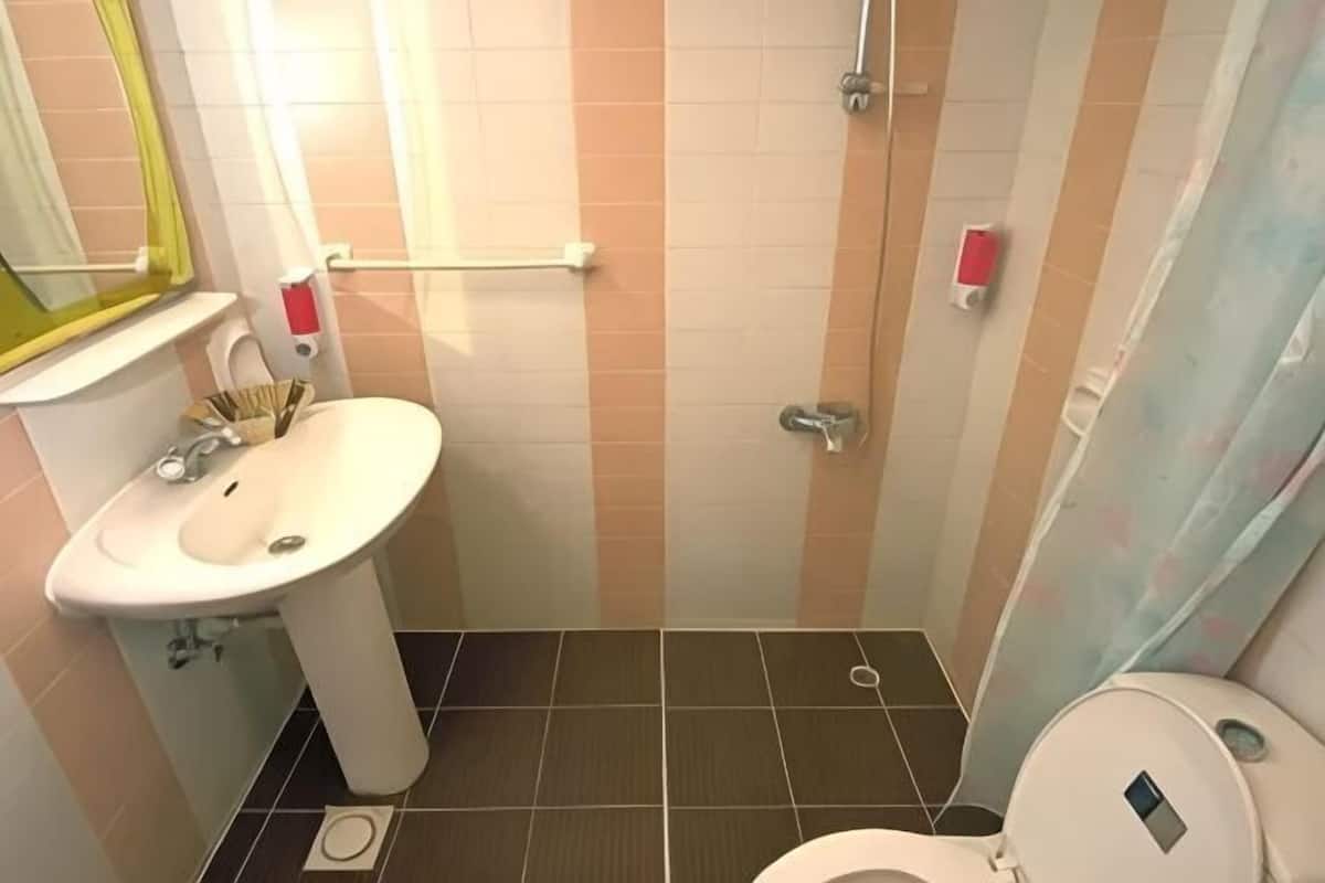 A bathroom with a sink, toilet, shower, and a mirror.