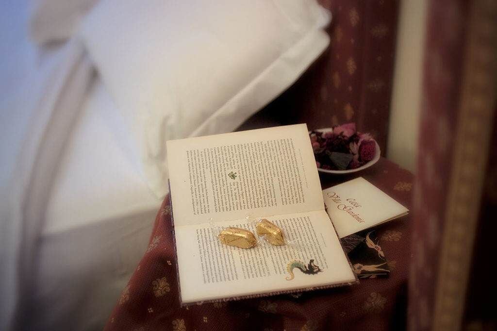 Un libro aperto con testo e decorazioni su un tavolo.