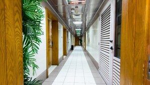 Un pasillo con puertas de madera, piso de baldosas y una planta a la izquierda.