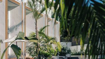 A pool area with a clear view of the pool, surrounded by palm trees and a modern building with large windows.