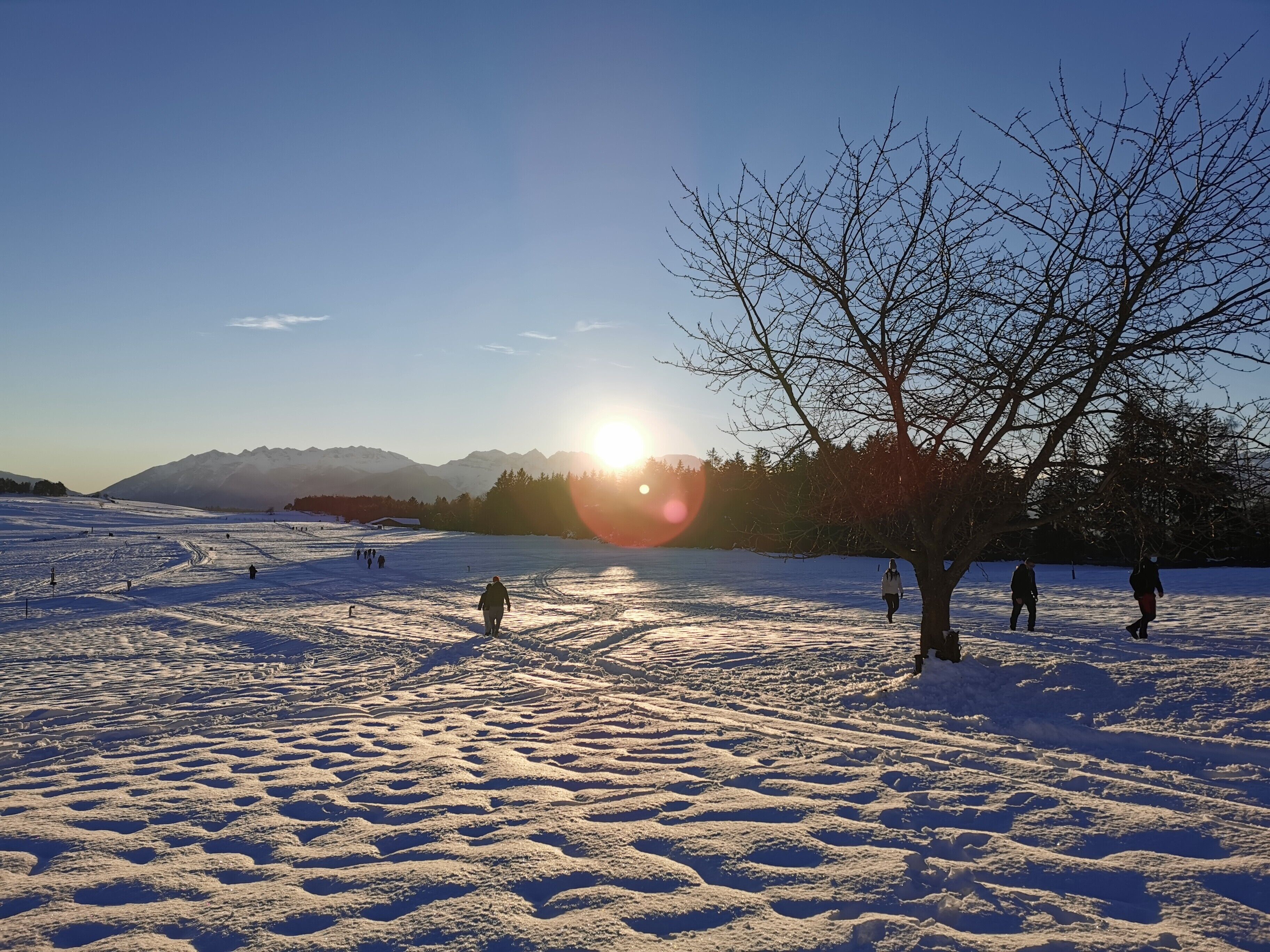 A snowy landscape with a clear sky and mountains in the background.