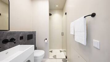 Een moderne badkamer met een groot wit wastafel, een toilet en een douchehoek.