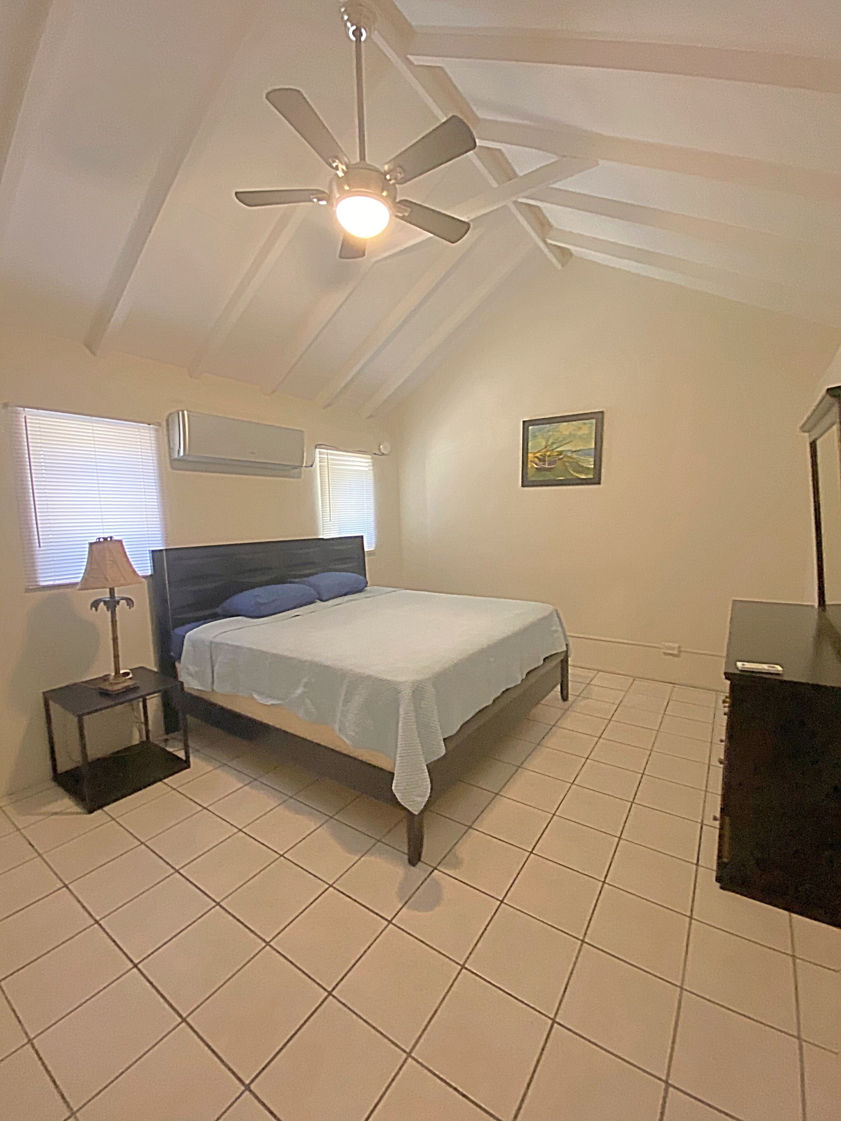 A bedroom with a bed, a ceiling fan, a nightstand, a lamp, a window with blinds, and a painting on the wall.