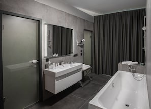 Hair dryer, towels, soap, shampoo