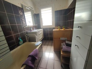 Combined shower/bathtub, hair dryer