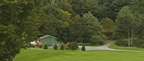 Un edificio verde con una entrada curva bordeada de árboles frondosos y un césped cuidado.