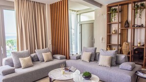 A modern living room with a grey sectional sofa, two round coffee tables, and a wooden shelving unit with plants. - King Suite with privat jacuzzi (rethymno)
