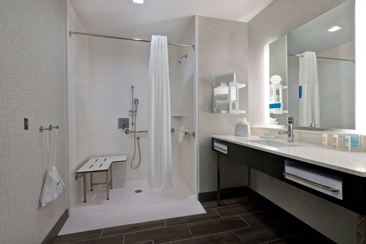 A modern bathroom with a shower, a sink, and a mirror.
