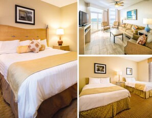 Relax in a spacious room with a large bed, TV, and seating area.