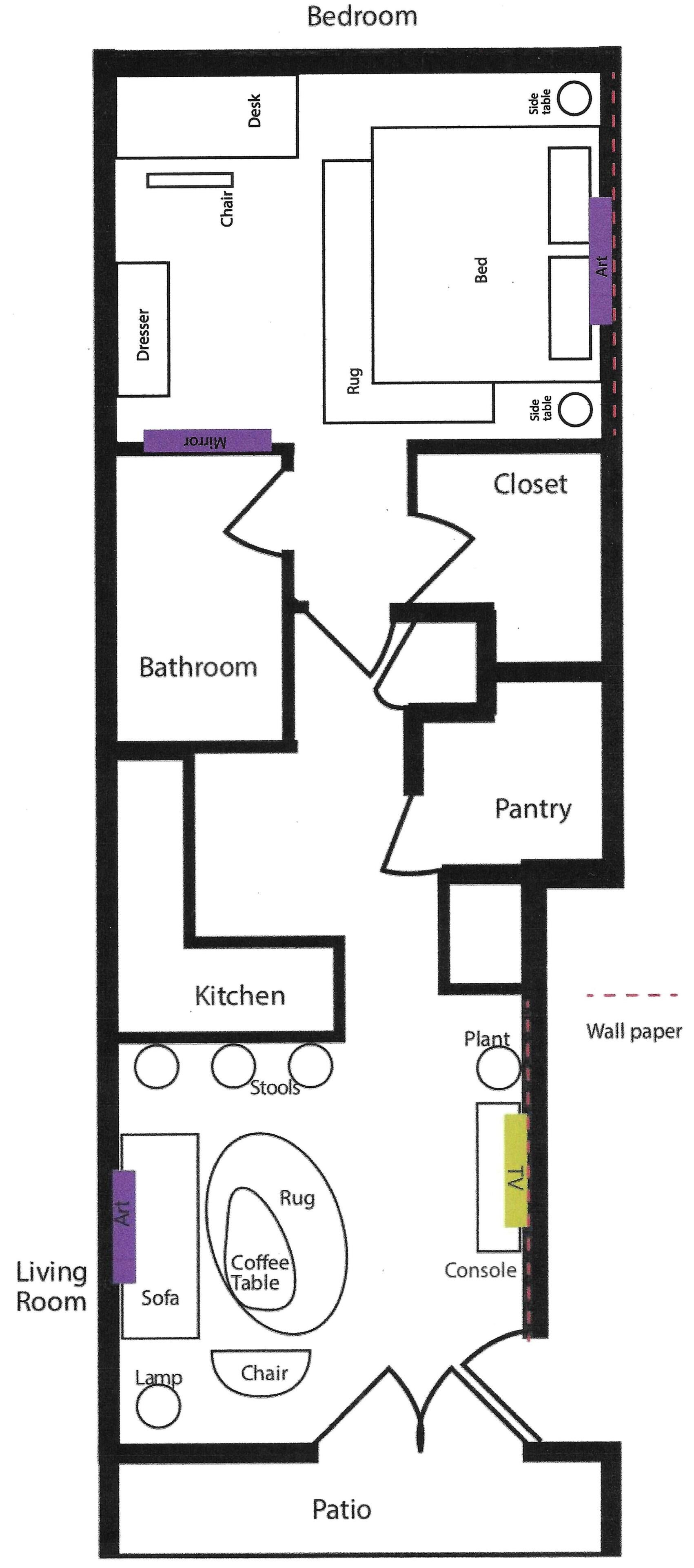 Plano de planta que muestra un dormitorio, baño, cocina, sala de estar y patio.