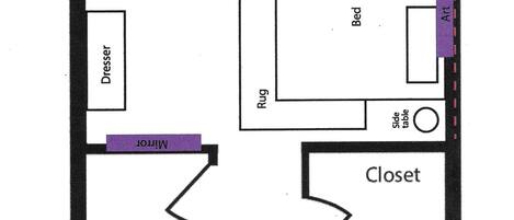 Plano de planta que muestra un dormitorio, baño, cocina, sala de estar y patio.