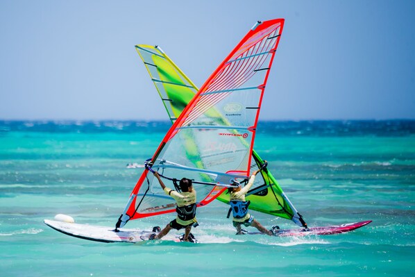 Two windsurfers catch the turquoise waves under clear blue skies. Bright red and green sails pop against the horizon, capturing the thrill of a coastal adventure.