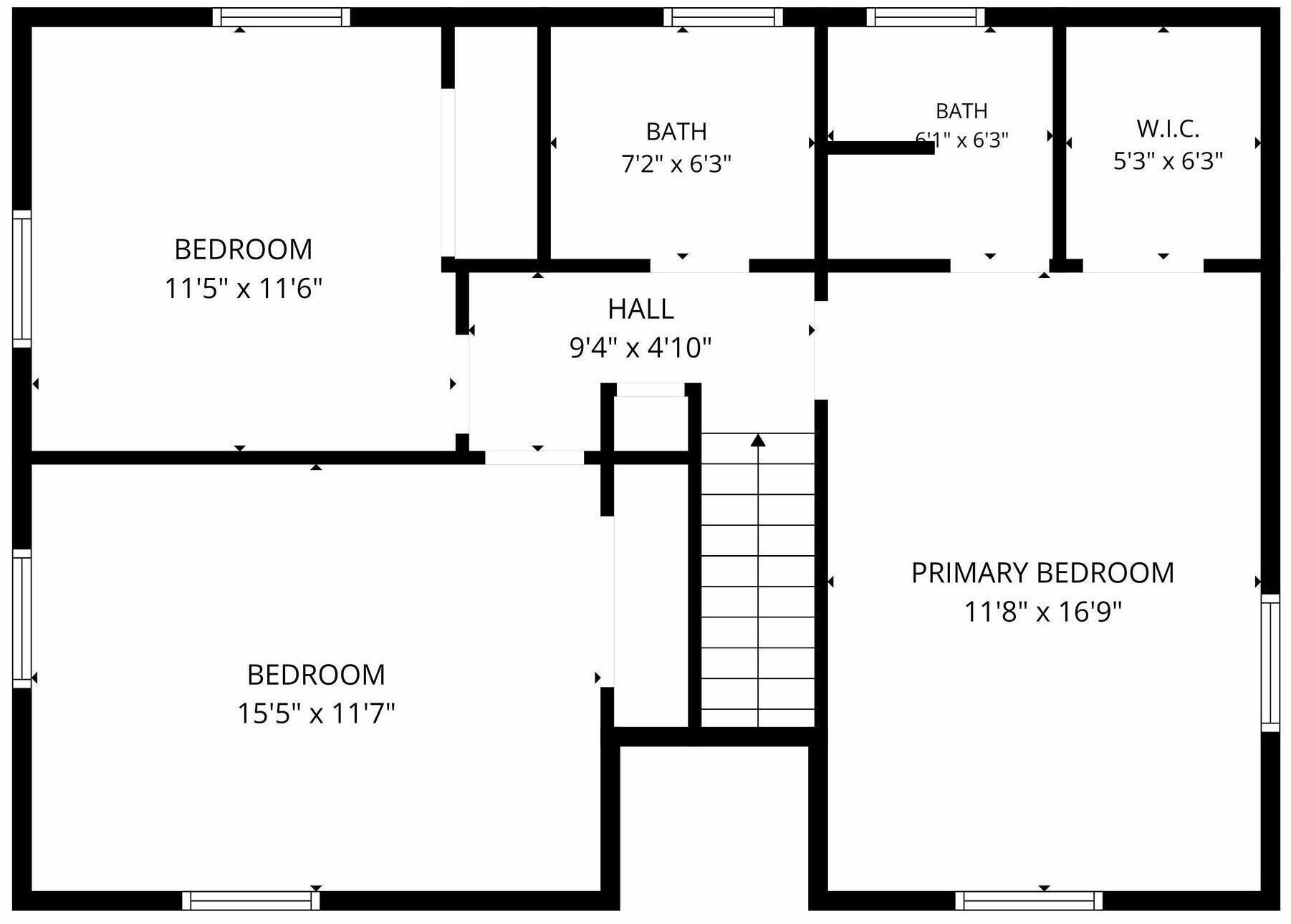 Un plan d’étage comprenant deux chambres, un hall, une salle de bain et des toilettes séparées. La chambre principale mesure 3,56 m x 5,11 m.