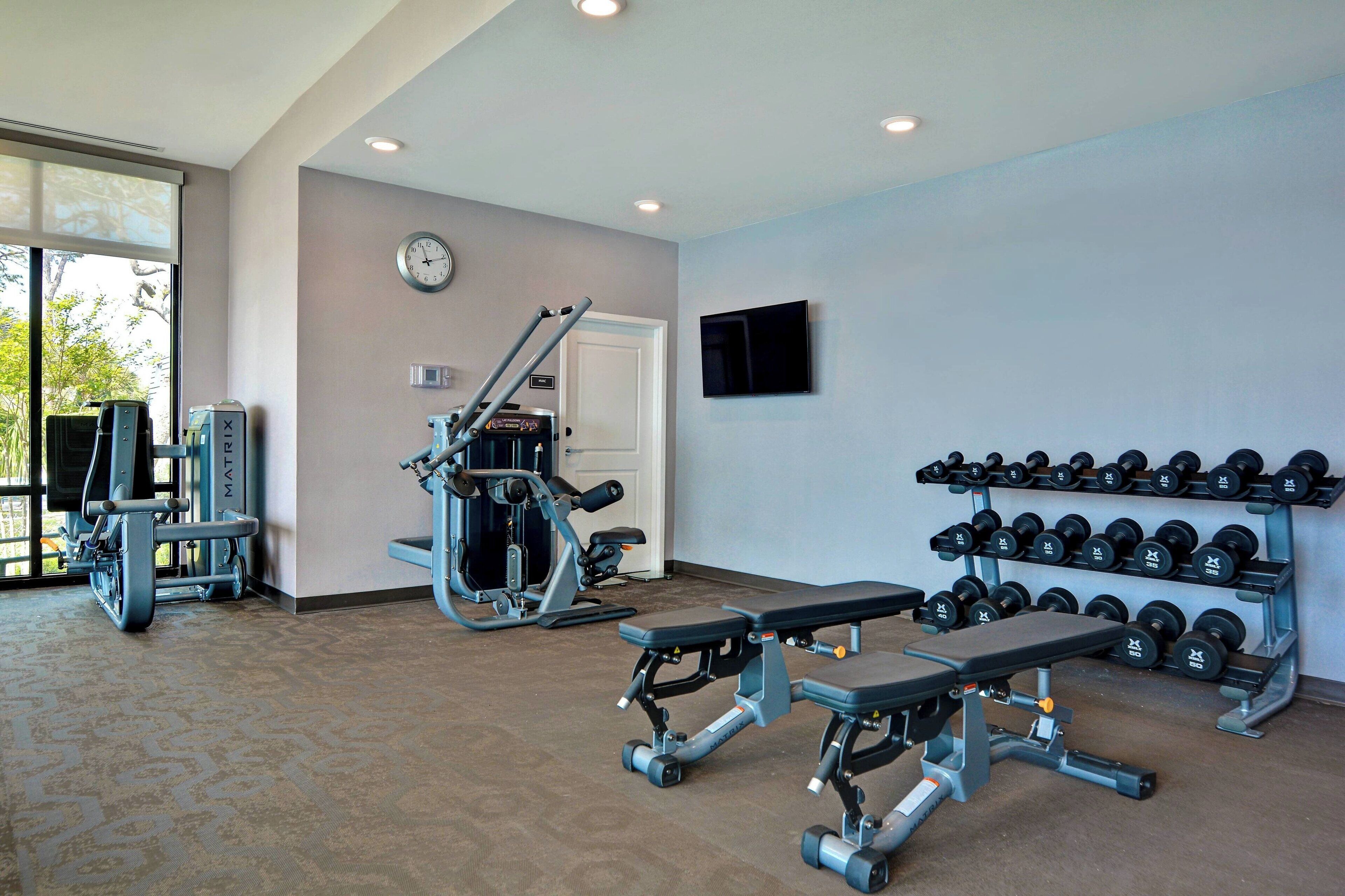Une salle de sport équipée de matériel d’exercice, d’un banc et d’un porte-haltères.