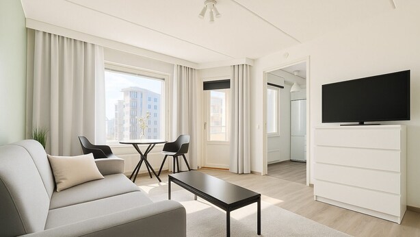 A modern living room with a sofa, coffee table, and TV. There is a dining area with chairs and a table. The room has large windows and a view of buildings outside. - TH City Suite 1 (Tampere)