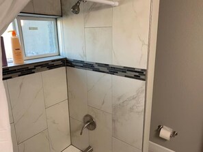 Shower, hair dryer, shampoo