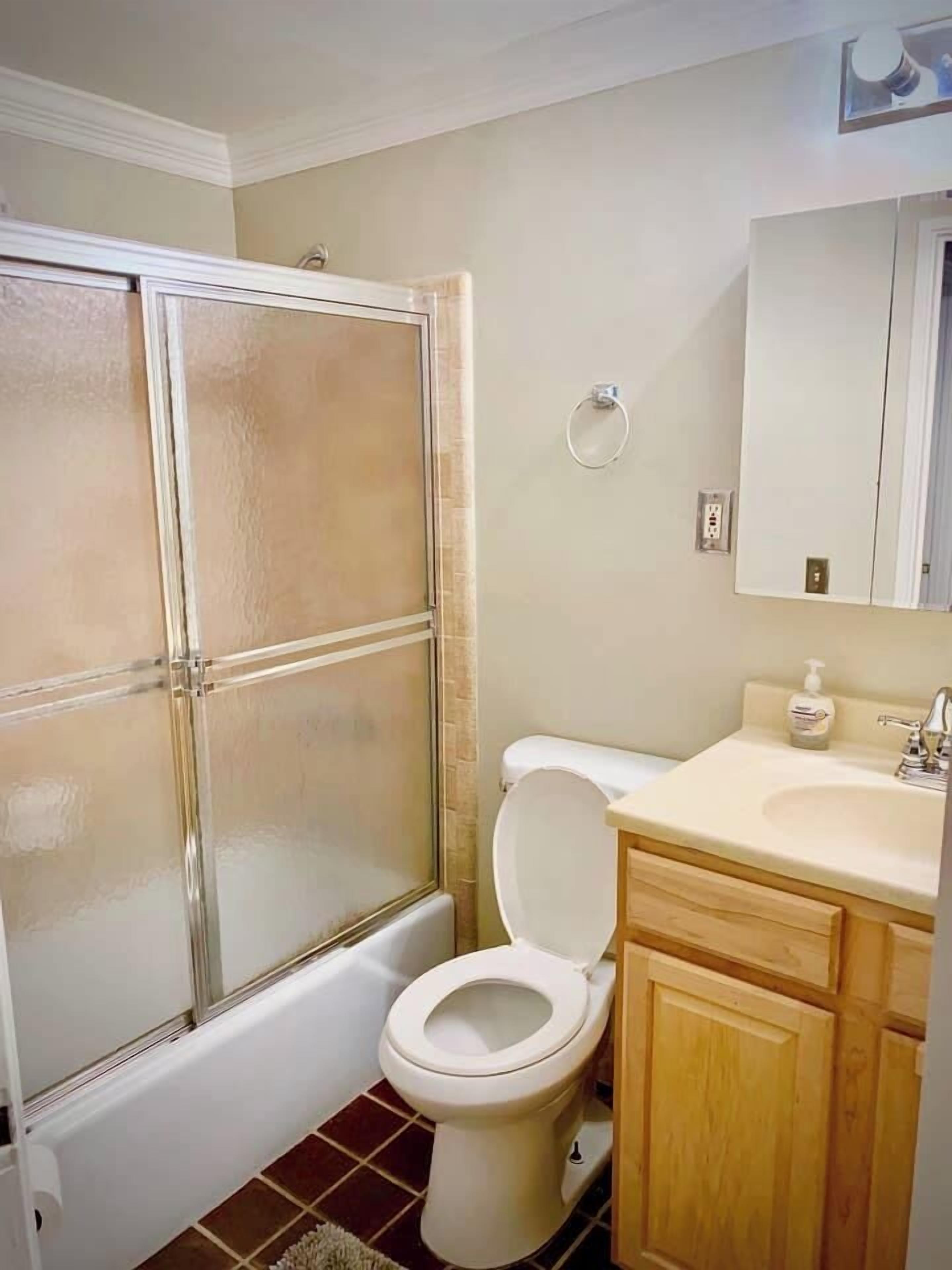 Combined shower/tub, hair dryer, towels, soap