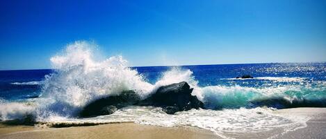 Beach nearby, sun loungers, beach towels