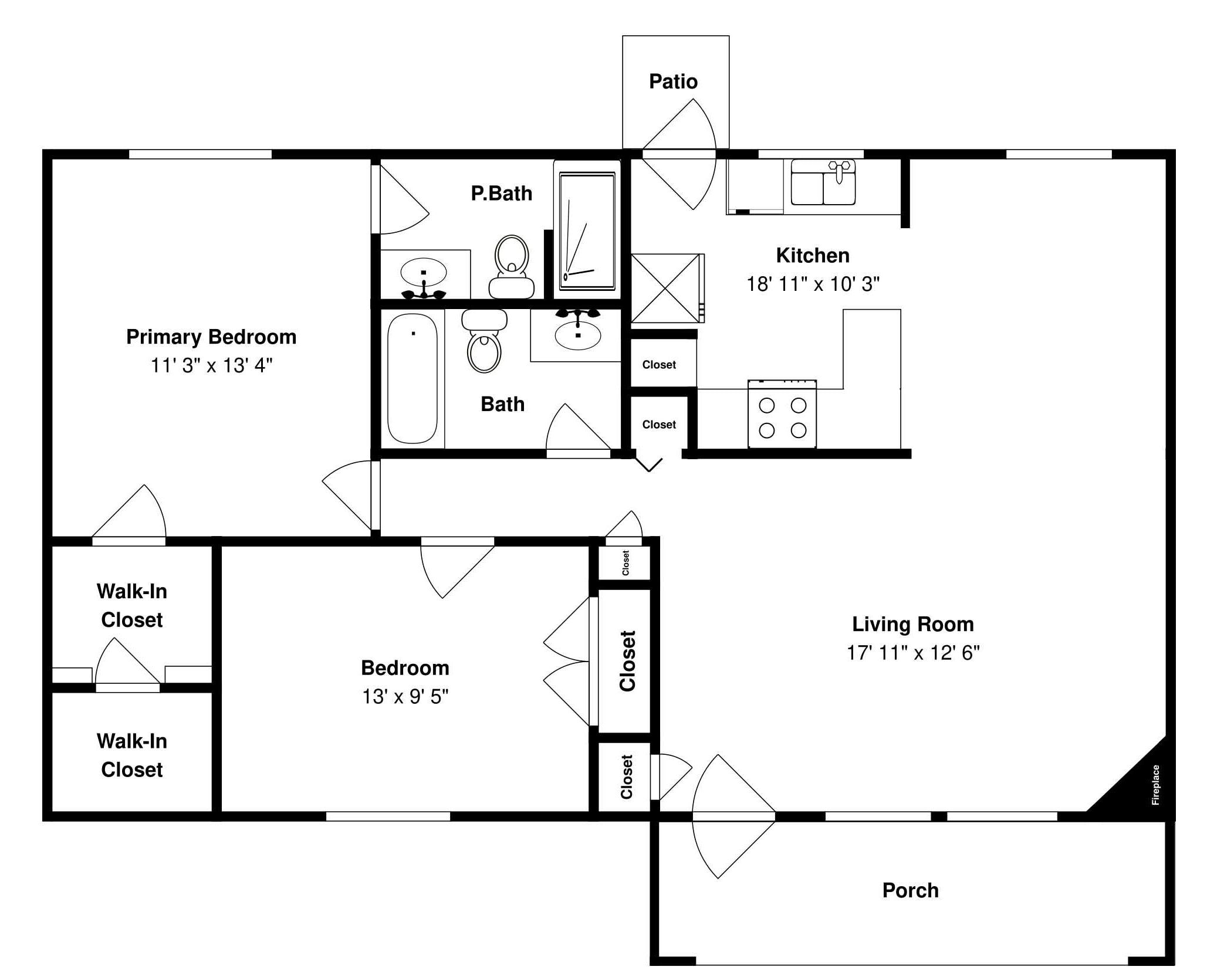 Plantegning der viser et soveværelse, walk-in closets, et badeværelse, et køkken, en stue, en patio og en veranda.