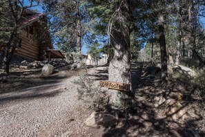 Escape to the serene Bearfoot Lodge, nestled among the trees in a secluded forest setting.