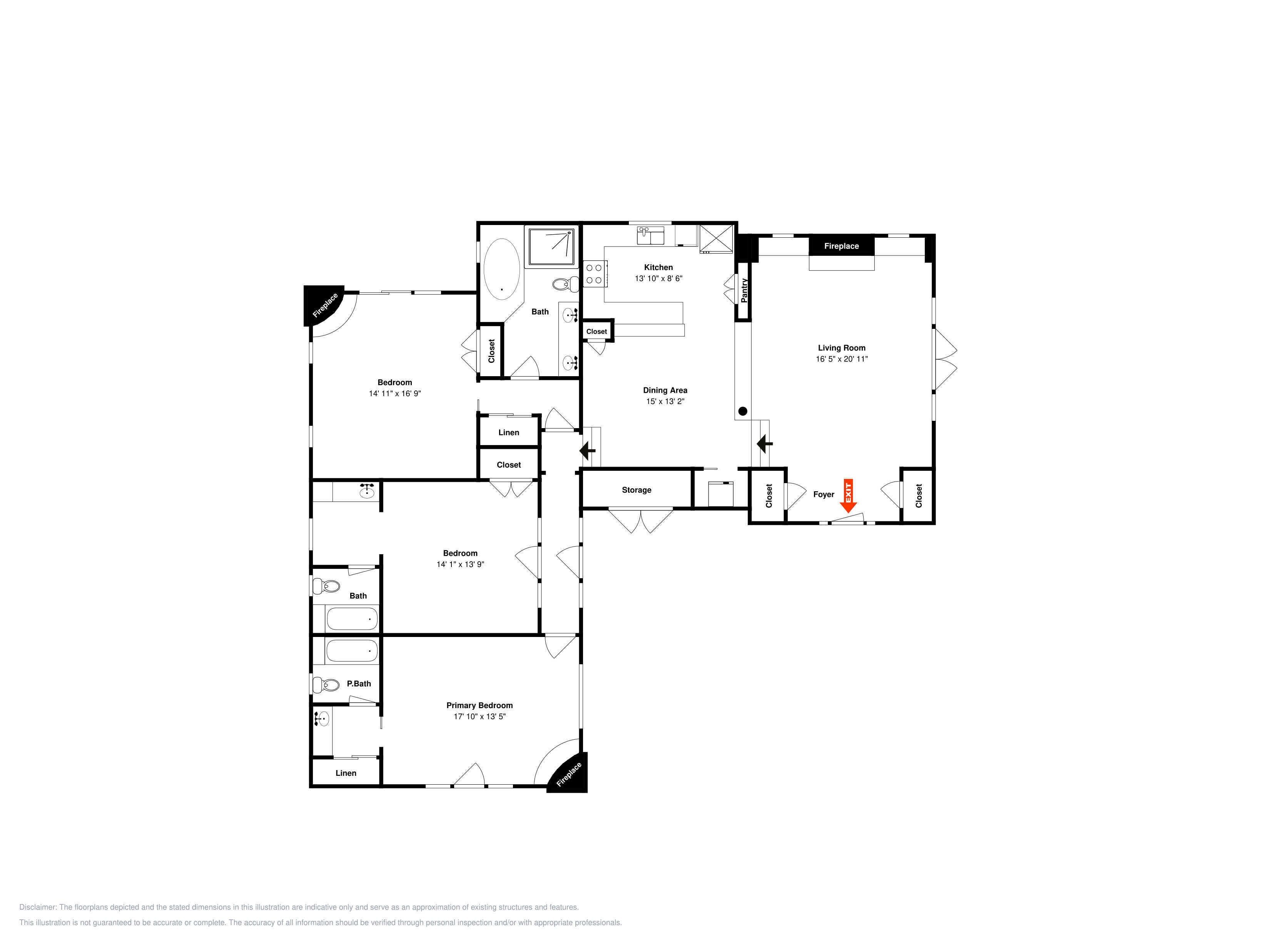 Un plan d’étage comprenant une chambre principale, deux chambres, une cuisine, un coin repas, une salle de bain, un placard à linge, un placard et un hall d’entrée.