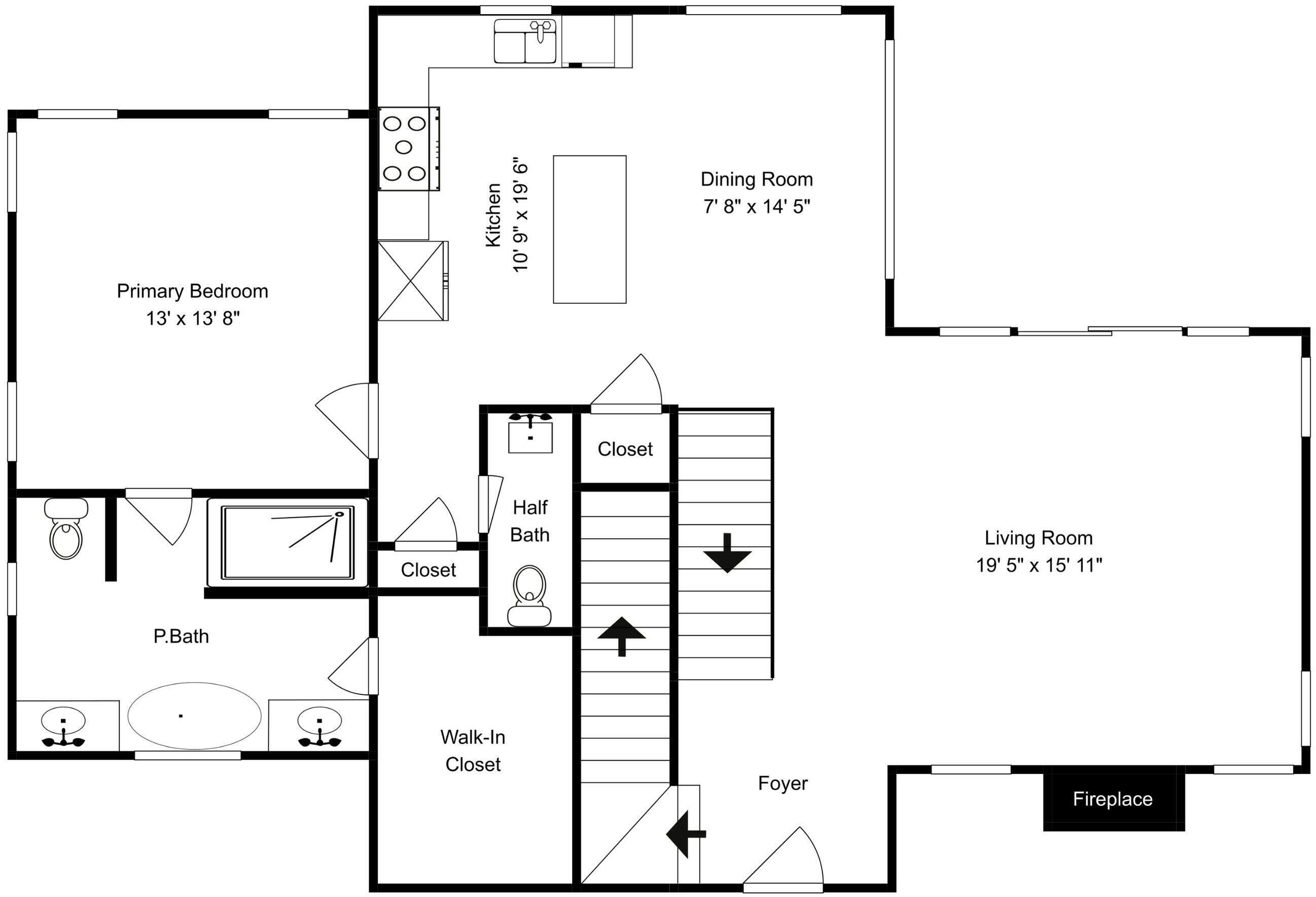 A floor plan with a primary bedroom, kitchen, dining room, living room, bathroom, closet, foyer, and fireplace.