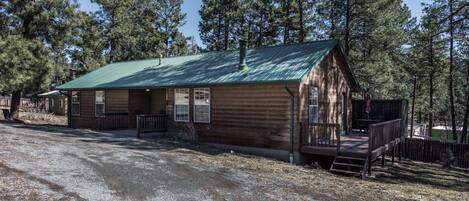 A rustic cabin with a green metal roof, wooden siding, and a porch.
