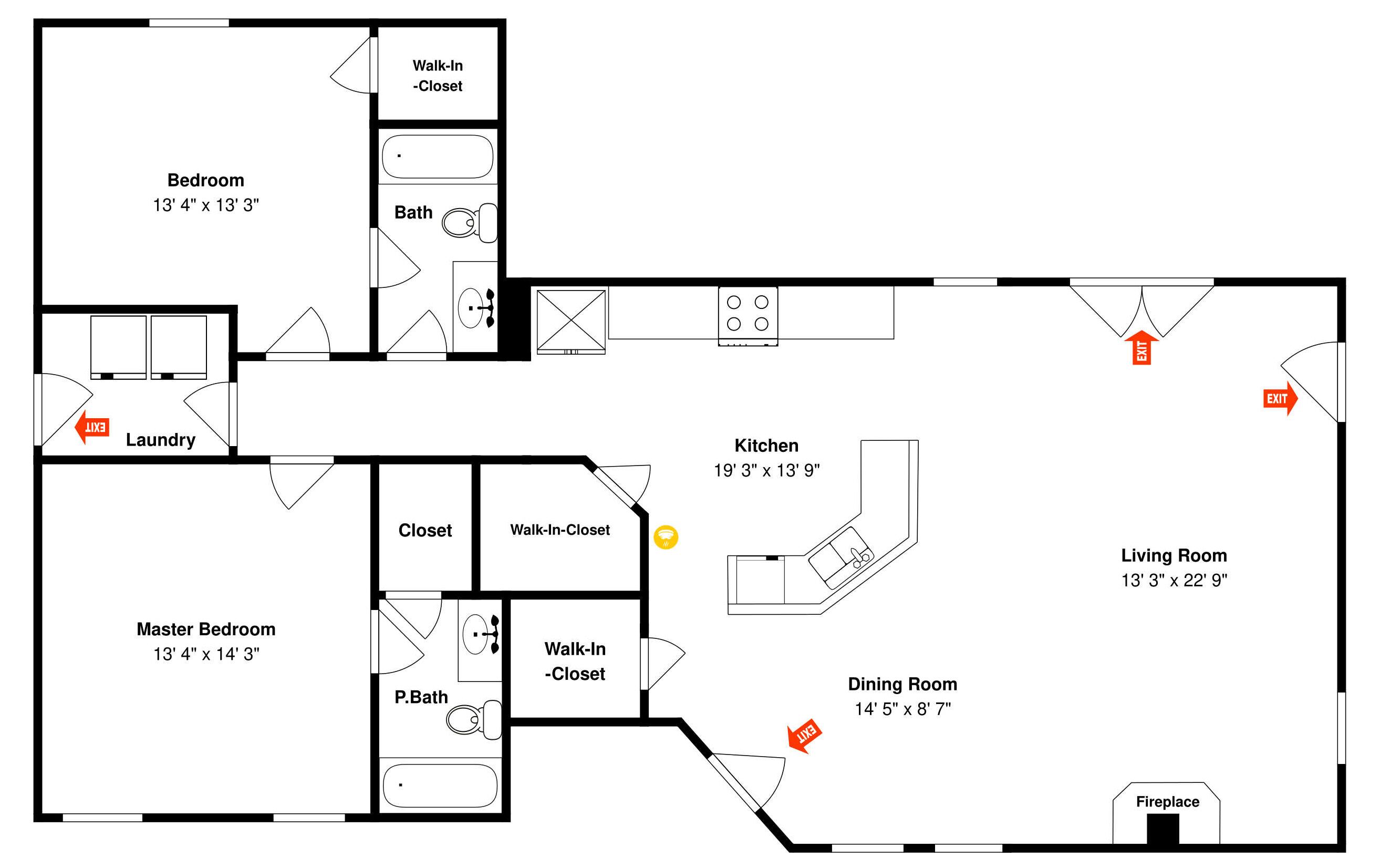 Een plattegrond met een hoofdslaapkamer, inloopkast, badkamer, keuken, eetkamer, woonkamer en wasruimte.