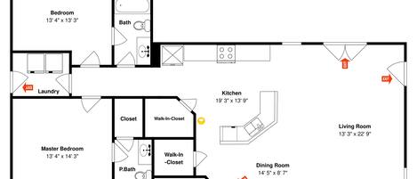 Plano de planta que muestra un dormitorio principal, vestidor, baño, cocina, comedor, sala de estar y área de lavandería.