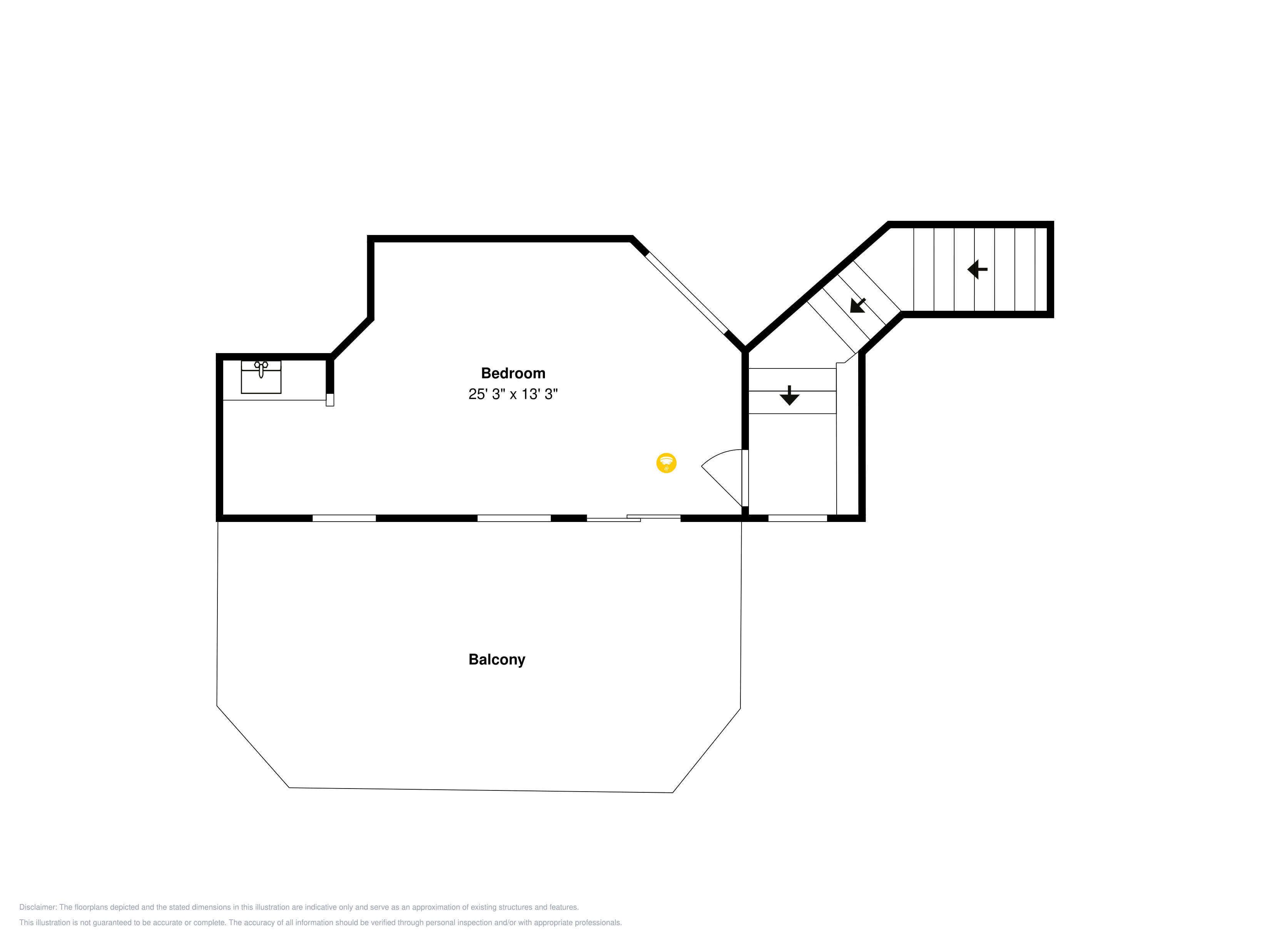 A floor plan with a bedroom measuring 25'3' x 13'3' and a balcony.