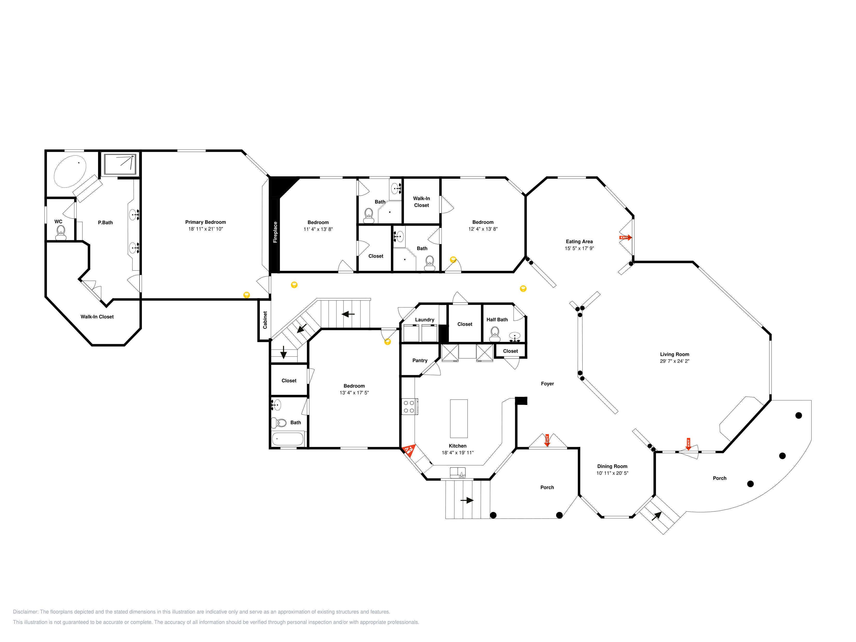 Ein Grundriss mit Hauptschlafzimmer, Gästezimmer, Esszimmer, Küche, Wohnzimmer und einer Eingangshalle.
