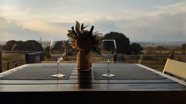 A table with two wine glasses and a vase of flowers, set against a scenic view. - Absolute Repose - Secluded Cottage (Stonewall)