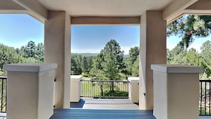 Un balcon fermé offrant une vue sur les arbres et les collines.
