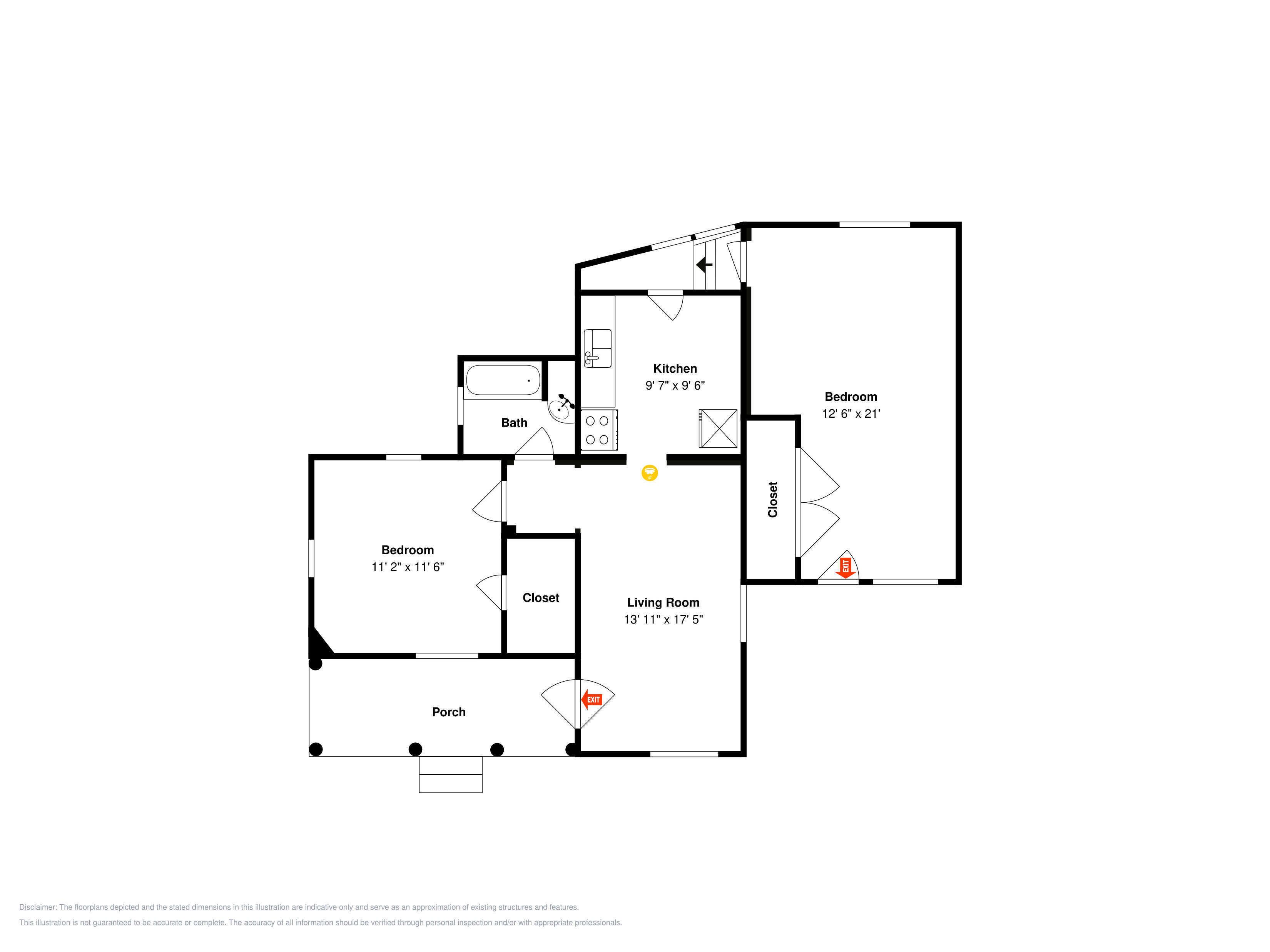 A floor plan with a bedroom, living room, kitchen, bathroom, and porch.