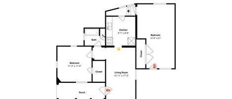 A floor plan with a bedroom, living room, kitchen, bathroom, and porch.