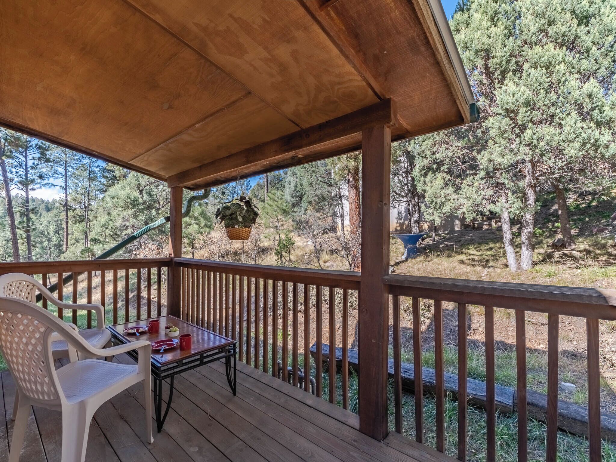A wooden deck with a table and chairs, overlooking a forested area.