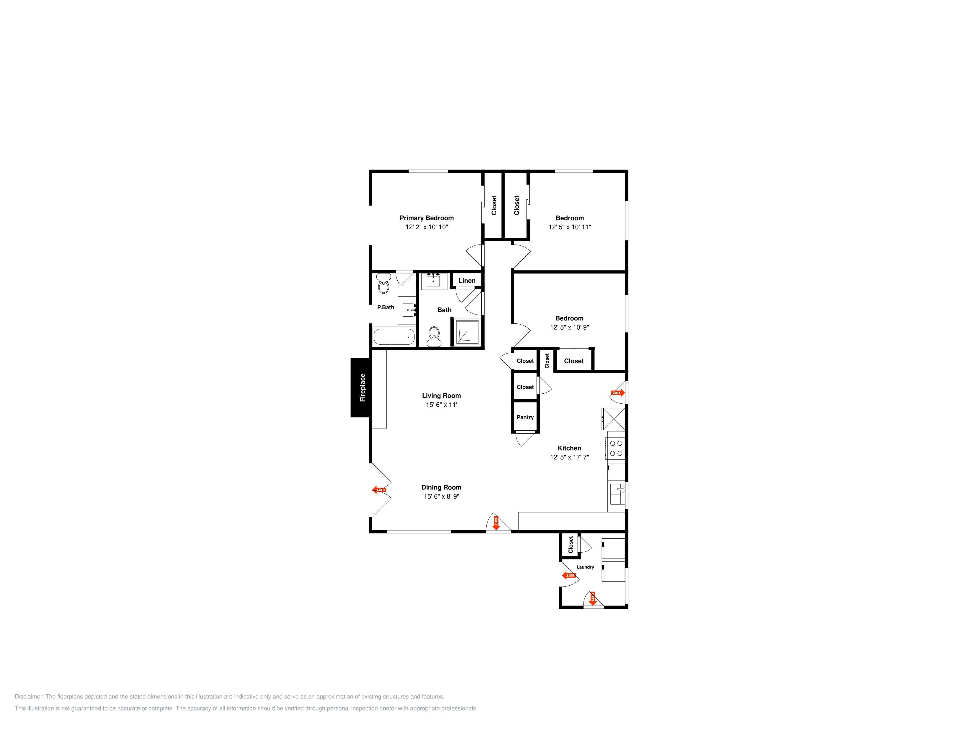 A floor plan with a primary bedroom, secondary bedroom, living room, dining room, kitchen, and a fireplace.