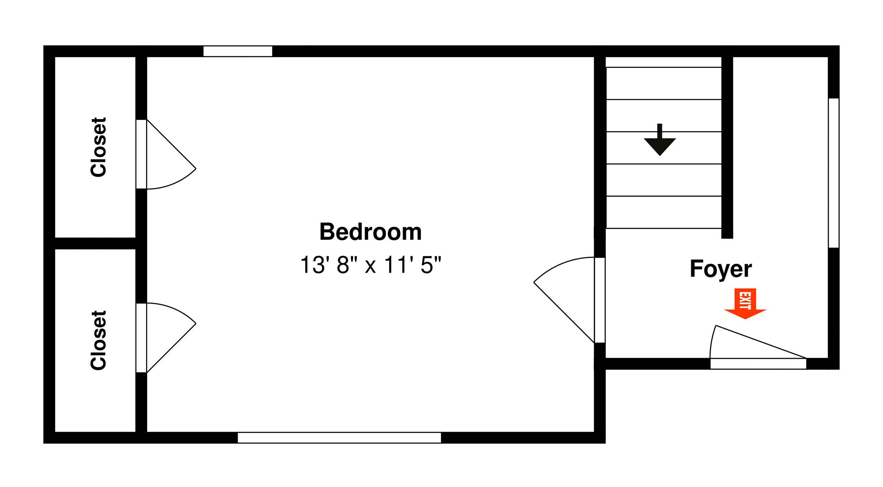 Une chambre de 13 pieds 8 pouces sur 11 pieds 5 pouces, avec un placard et un hall d’entrée.