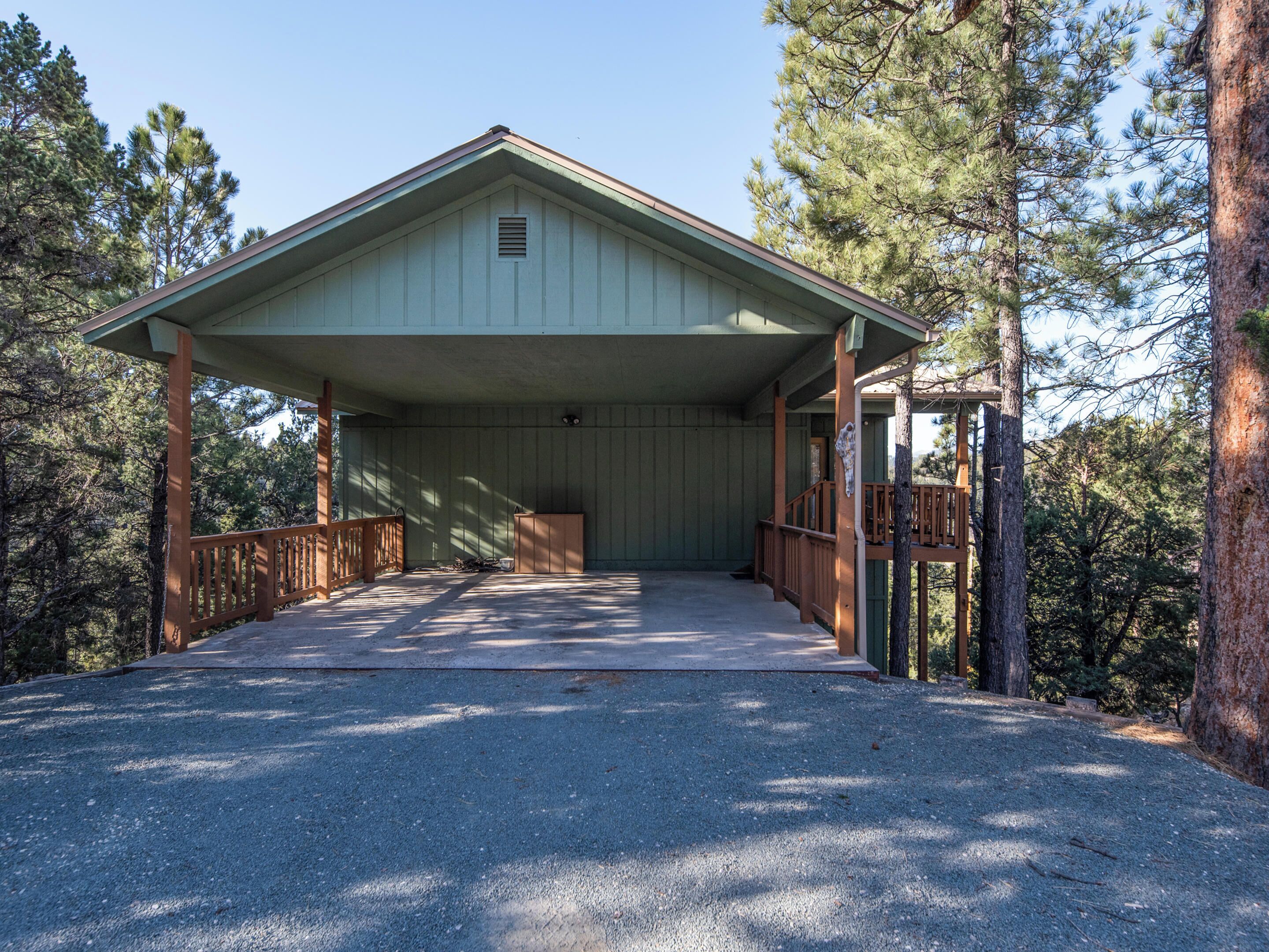 A covered outdoor area with a wooden deck, surrounded by tall pine trees.