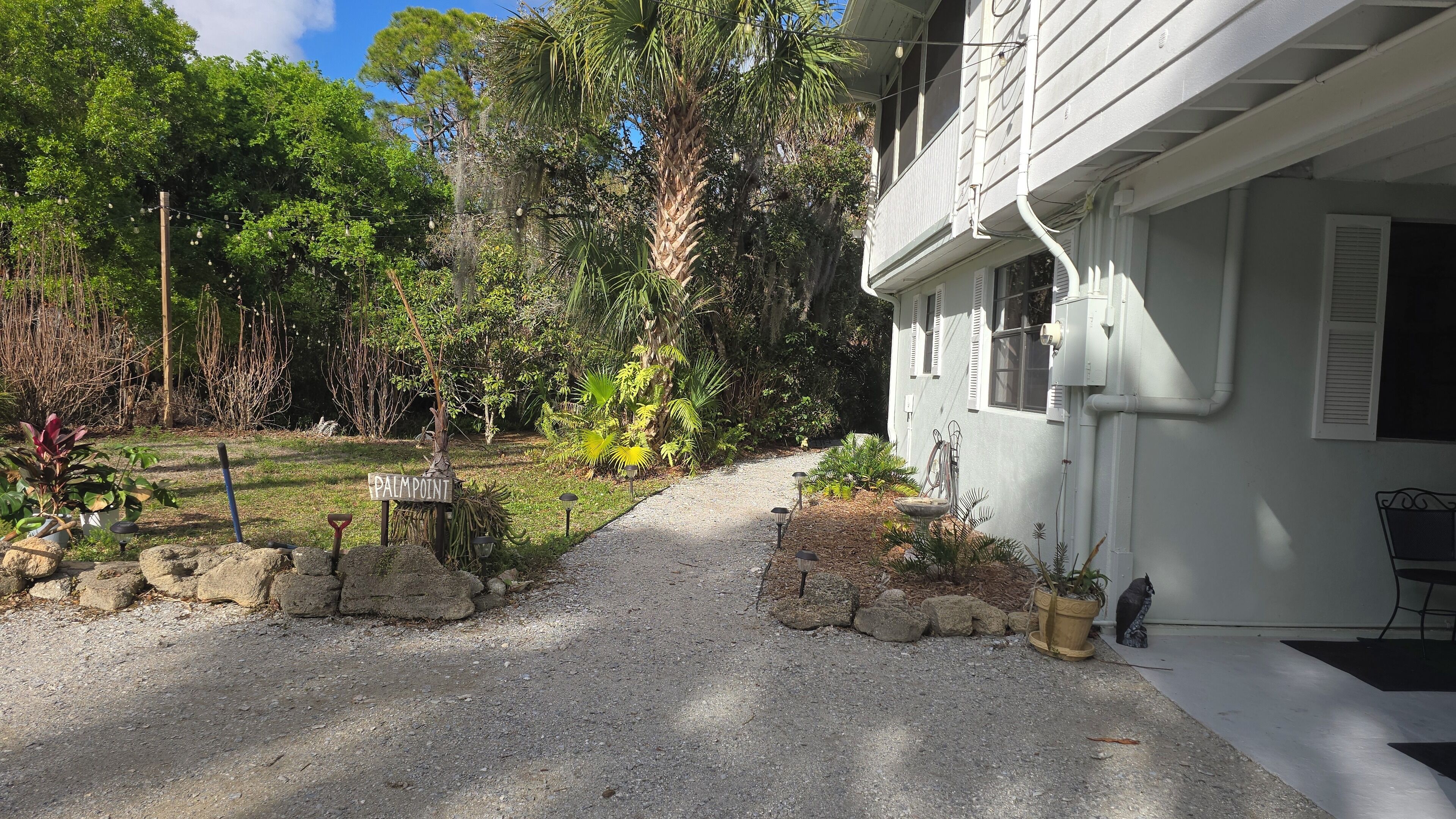 A house with a gravel driveway leading to a front porch, surrounded by lush greenery and a palm tree.