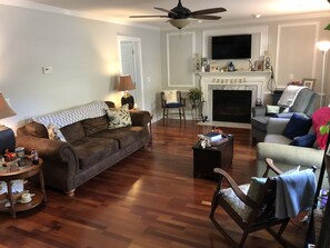 Smart TV, fireplace, DVD player, books