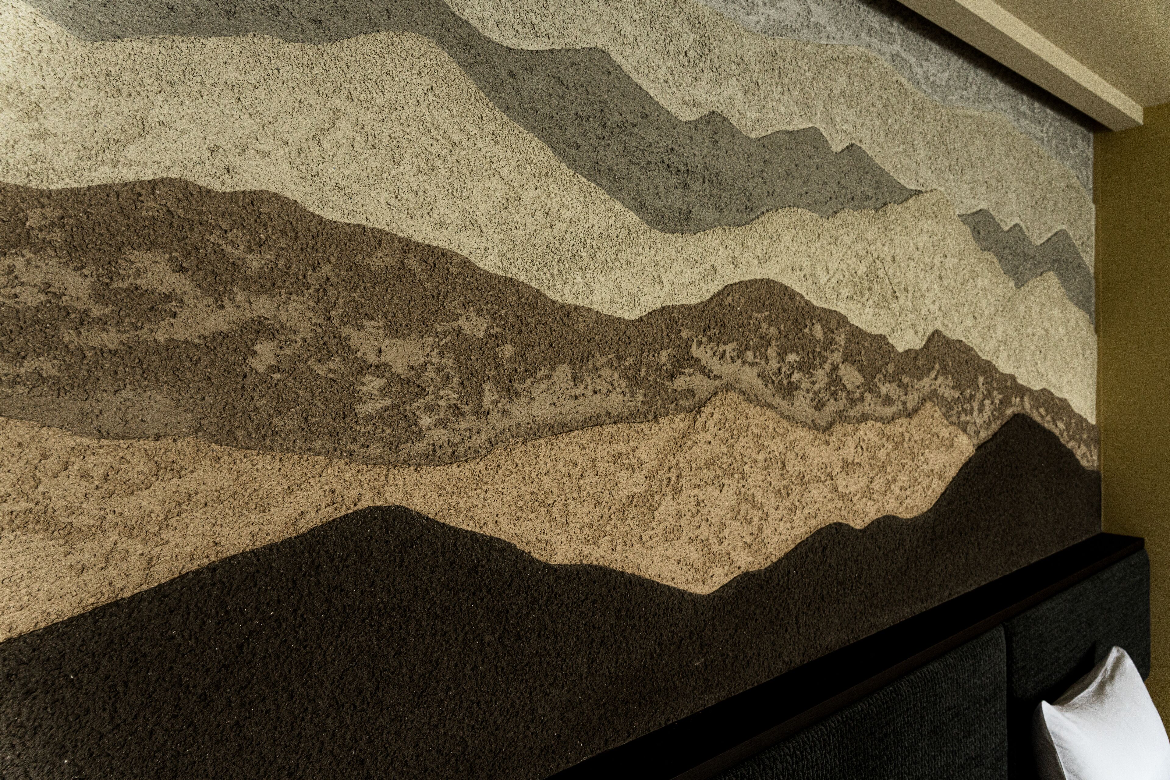 A textured wall with a mountain landscape mural.