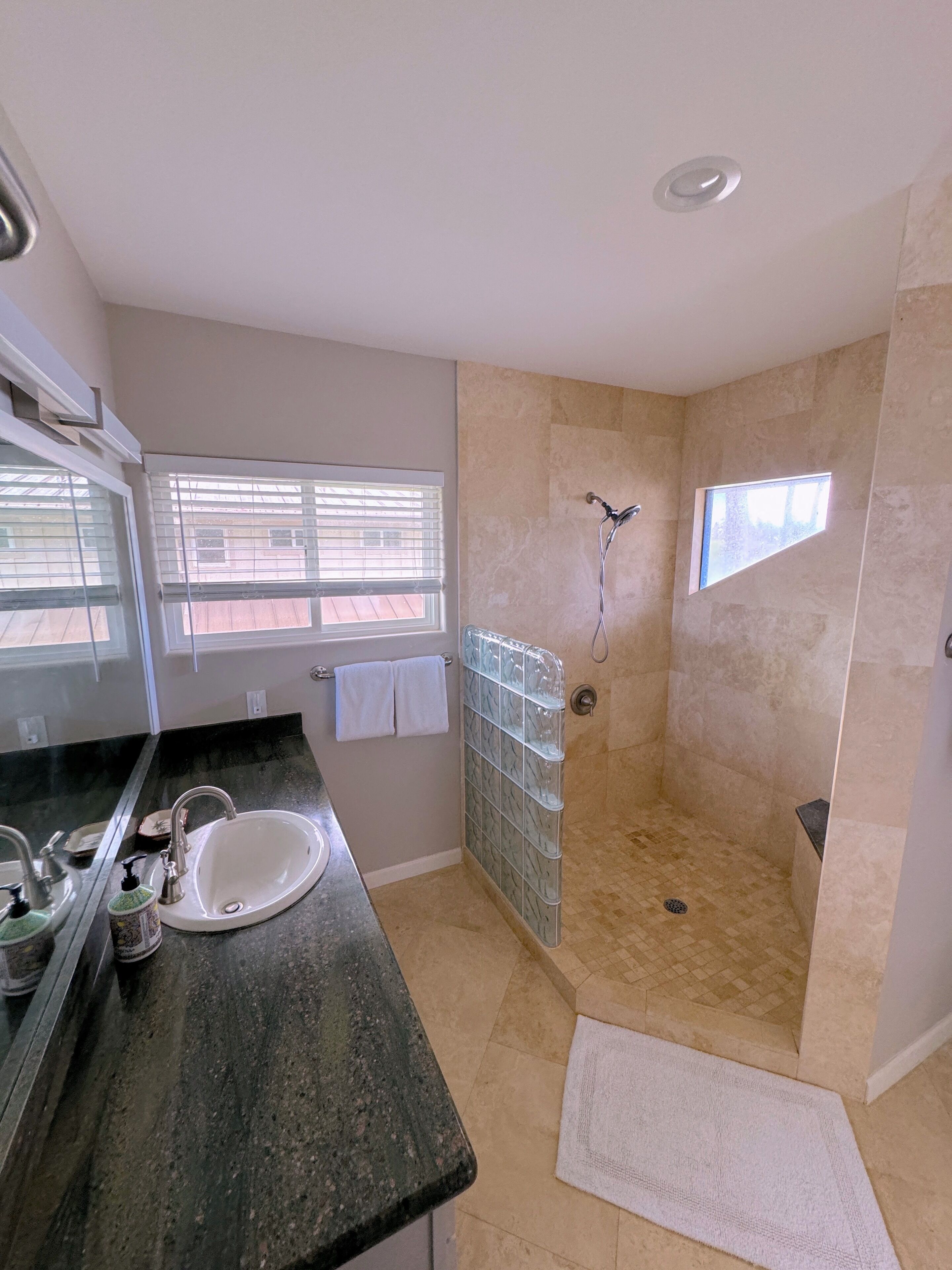 Combined shower/tub, hair dryer, bidet, towels