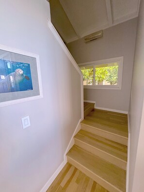 Eine Treppe mit beigen Stufen und weißen Wänden. Im linken Wandbereich hängt ein gerahmtes Bild eines Seehundes.