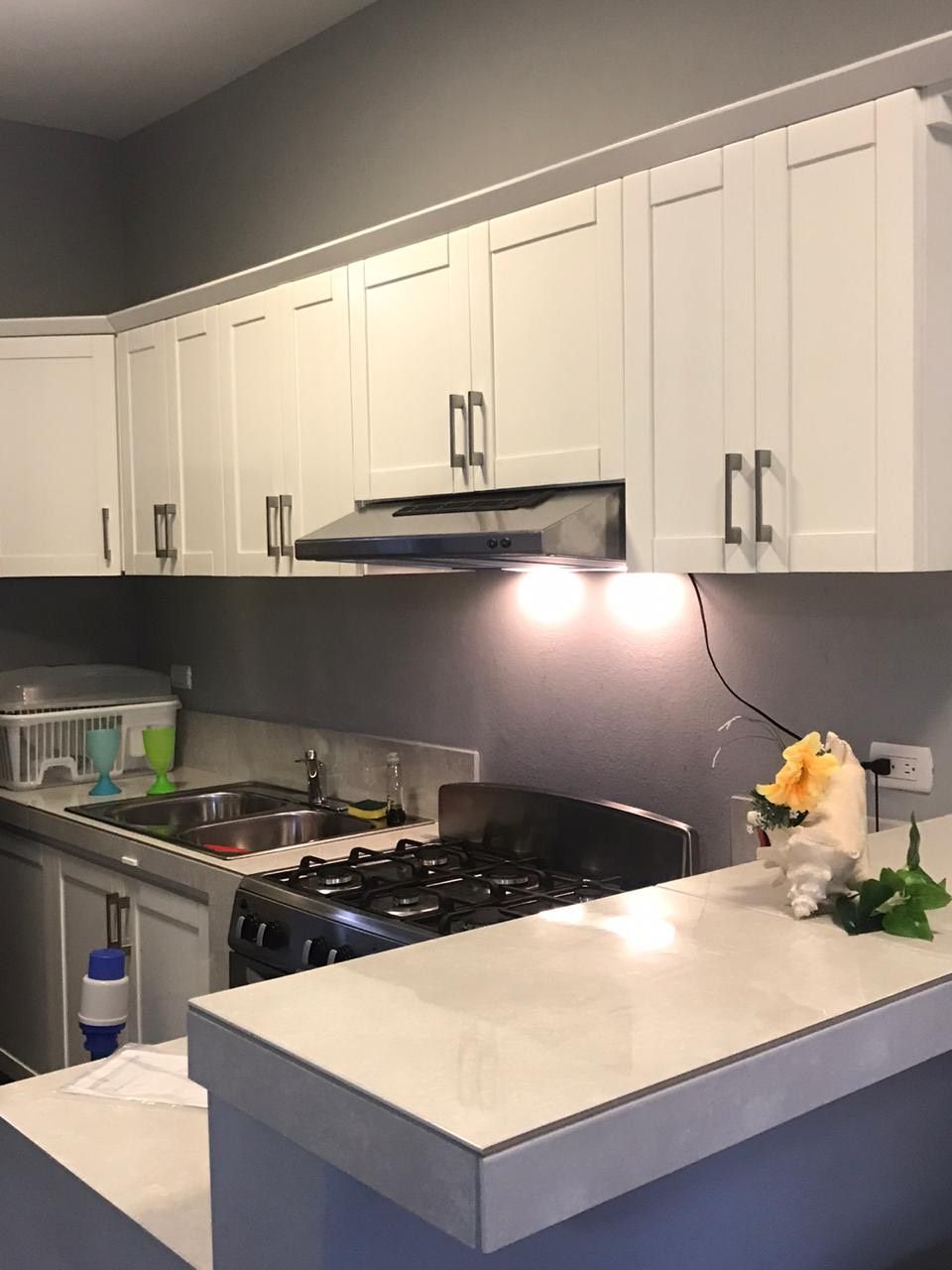 A modern kitchen with white cabinets, a stainless steel stove, and a countertop.