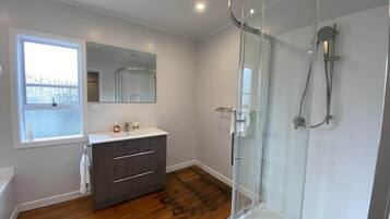 Shower, hair dryer, towels