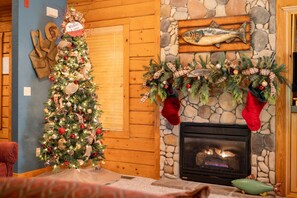 Interior - Fishing Themed Retreat for Two - King Bed Cabin with Fireplace & Jacuzzi Tub (Branson)