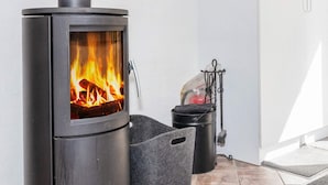 A modern wood-burning stove with a glass door, a metal handle, and a black ash collector. - 8 Person Holiday Home in Hojslev (Hojslev)